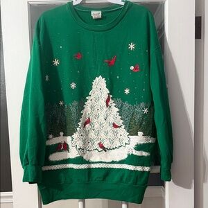 Green Holiday Sweatshirt with White Tree Design and cardinals
